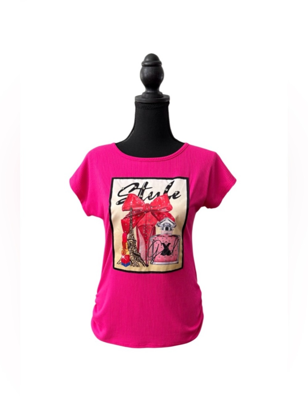 Bright Pink Short Sleeve Graphic Tee with Bow & Perfume Panel